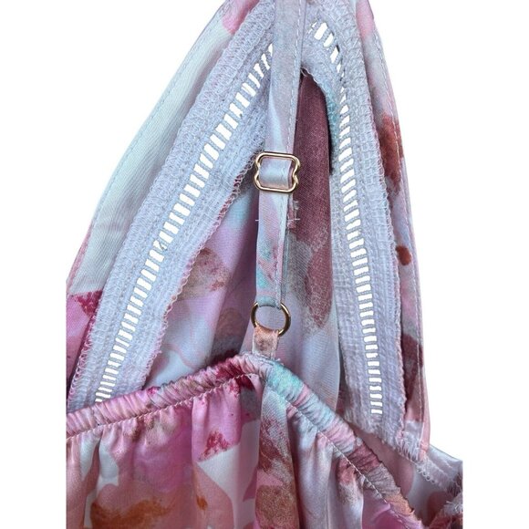 Women's Satin Babydoll Nightgown Valentine Pink Floral Spaghetti Straps‎ Size M - Picture 3 of 8